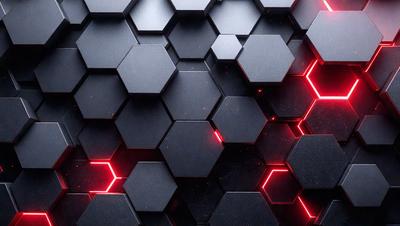 The primary subject of the image is a close-up of a black and red hexagonal pattern. The setting is a black background, and the visual style appears to be a digital art or illustration. The dominant colors are black and red, creating a bold and striking appearance.