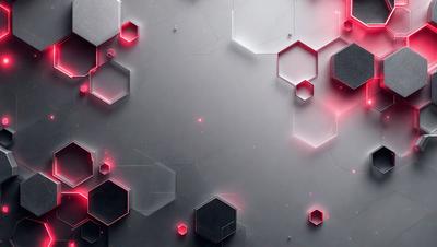 The primary subject of the image is a collection of geometric shapes, including cubes and hexagons, arranged in a visually appealing manner. The setting is a gray wall, which serves as the background for the shapes. The visual style of the image is a combination of digital art and illustration, creating a unique and eye-catching pattern. The dominant colors in the image are red and black, giving the scene a bold and striking appearance.