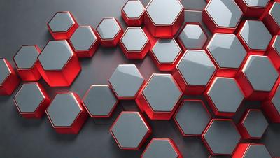 The primary subject of the image is a large, red and grey honeycomb-like structure. The setting is a grey wall, and the visual style appears to be a combination of photo and digital art. The dominant colors are red and grey, creating a bold and striking appearance. The overall atmosphere of the image is intriguing and visually captivating.