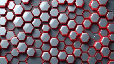 The primary subject of the image is a close-up of a red and grey geometric pattern. The setting is a grey background, and the visual style appears to be a digital art or illustration. The dominant colors in the image are red and grey, creating a bold and striking appearance.