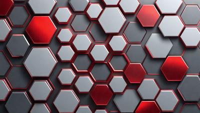 The primary subject of the image is a close-up of a red and grey patterned surface. The setting appears to be a wall or a patterned background. The visual style is a combination of photo and digital art, creating a unique and intricate design. The dominant colors in the image are red and grey, giving the scene a bold and striking appearance.