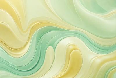 The primary subject of the image is a large, colorful painting featuring a wave-like pattern. The setting is a wall, and the visual style appears to be a combination of digital art and illustration. The dominant colors in the painting are green, yellow, and white, creating a vibrant and lively atmosphere.