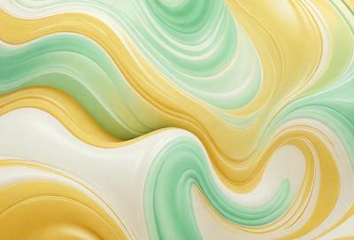 The primary subject of the image is a large, colorful, and abstract art piece featuring a combination of yellow, green, and white colors. The artwork is displayed on a wall, creating a vibrant and lively atmosphere. The setting is indoors, with the artwork being the main focus of the scene. The visual style of the image is a mix of digital art and illustration, showcasing the artist's creativity and skill in crafting a unique and eye-catching piece.