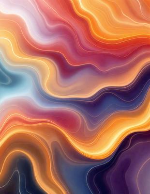 The primary subject of the image is a colorful, abstract art piece featuring a mix of red, orange, blue, and purple hues. The setting is a wall, and the visual style appears to be a combination of digital art and illustration. The colors and mood of the artwork create a vibrant and lively atmosphere.