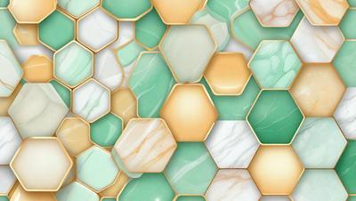 The primary subject of the image is a patterned wall made of hexagonal tiles. The setting is a room with a green and white color scheme. The visual style is a combination of digital art and illustration, creating a unique and eye-catching design. The dominant colors are green and white, giving the space a fresh and clean appearance.