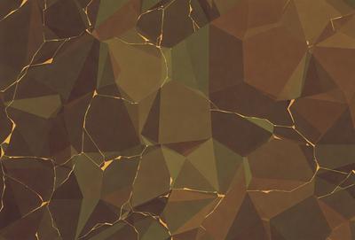 The primary subject of the image is a patterned wallpaper with a brown and green color scheme. The setting is a room with a brown and green wallpaper, which creates a warm and earthy atmosphere. The visual style is a combination of digital art and illustration, giving the wallpaper a unique and artistic appearance.