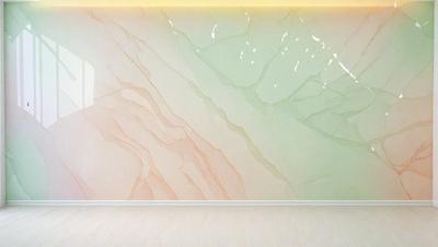 The primary subject of the image is a large, colorful wall mural featuring a marbled design. The setting is a room with a white wall, and the visual style appears to be a combination of a photo and a digital art or illustration. The dominant colors in the mural are pink, orange, and green, creating a warm and vibrant atmosphere.