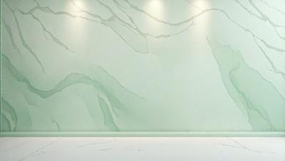 The primary subject of the image is a large, white wall with a green marble-like texture. The setting is a room with a white floor, and the visual style appears to be a combination of a photo and digital art. The colors and mood of the image are predominantly white and green, creating a clean and serene atmosphere.