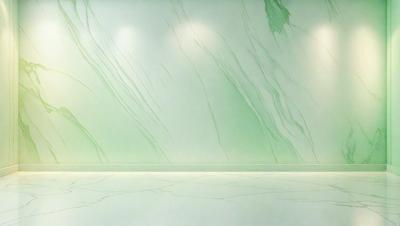 The primary subject of the image is a large, green marble wall. The setting is a room with a white floor, and the visual style appears to be a photo. The dominant colors are green and white, creating a calm and serene atmosphere.