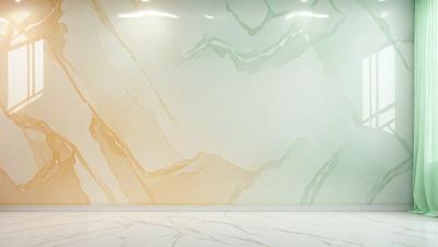 The primary subject of the image is a large, colorful wall with a marble-like texture. The setting is a room with a white floor, and the visual style appears to be a combination of a photo and a drawing. The colors and mood of the image are vibrant and lively, with a mix of yellow, green, and orange hues.