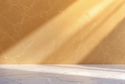 The primary subject of the image is a wall with a yellow color and a marble texture. The setting is a room with a sunlight shining on the wall, creating a warm and inviting atmosphere. The visual style is a photo, capturing the natural light and the unique texture of the marble wall. The colors and mood of the image are predominantly warm and bright, with the yellow wall and the sunlight creating a sense of warmth and comfort.