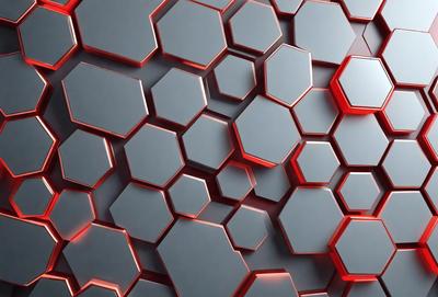 The primary subject of the image is a close-up of a red and grey patterned surface. The setting is a wall with a patterned design, and the visual style appears to be a combination of digital art and illustration. The dominant colors in the image are red and grey, creating a bold and striking appearance.