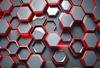 The primary subject of the image is a red and black honeycomb pattern. The setting is a wall with a red and black honeycomb pattern on it. The visual style is a close-up of the honeycomb pattern, which gives it a digital art or illustration appearance. The dominant colors are red and black, creating a bold and striking visual effect.