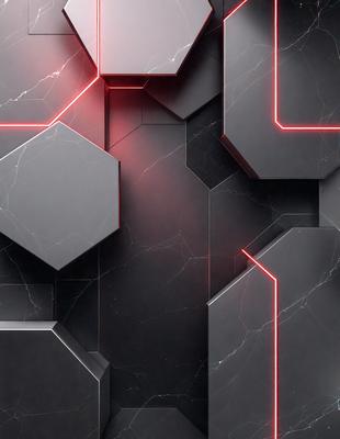 The primary subject of the image is a large, intricate, and colorful marble wall. The setting is a room with a black and red marble wall, which adds a striking visual effect. The visual style is a combination of digital art and illustration, creating a unique and eye-catching design. The dominant colors are black and red, which create a bold and striking atmosphere.