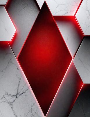 The primary subject of the image is a red triangle, which is the main object, scene, or focus of the image. The setting is a wall with a marble texture, and the visual style appears to be a photo. The dominant colors are red and white, creating a bold and striking atmosphere.