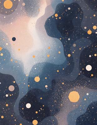 The primary subject of the image is a blue and white space with a pattern of yellow dots. The setting is a black background, which contrasts with the blue and white space. The visual style is a combination of digital art and illustration, creating a unique and intricate design. The dominant colors are blue, white, and yellow, giving the image a calm and serene atmosphere.