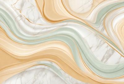 The primary subject of the image is a marble wall with a unique and intricate design. The setting is a room with a marble countertop, and the visual style appears to be a combination of a photo and digital art. The dominant colors in the image are white, blue, and yellow, creating a clean and vibrant atmosphere.