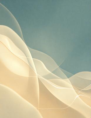 The primary subject of the image is a white, flowing wave. The setting is a blue sky, and the visual style is a digital art or illustration. The dominant colors are white and blue, creating a serene and calming atmosphere.