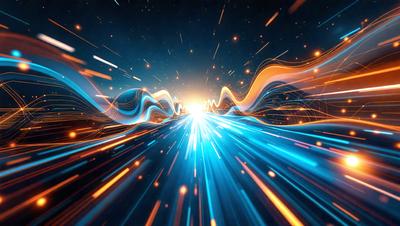 The primary subject of the image is a blue light streak, which appears to be a digital art or illustration. The setting is a dark background, and the visual style is futuristic and dynamic. The colors and mood of the image are predominantly blue, creating a sense of speed and motion.
