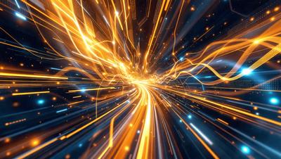 The primary subject of the image is a brightly colored, swirling, and dynamic pattern of light. The setting is a dark background, which contrasts with the vibrant colors of the light pattern. The visual style is a combination of digital art and illustration, creating a dynamic and engaging scene. The colors and mood of the image are predominantly orange and blue, giving it a lively and energetic atmosphere.