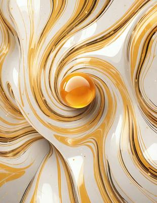 The primary subject of the image is a yellow and gold swirl pattern, which is the main focus of the image. The setting is a white surface, and the visual style appears to be a digital art or illustration. The dominant colors in the image are yellow and gold, creating a warm and vibrant atmosphere.