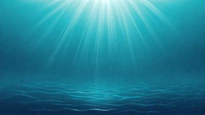 The primary subject of the image is a blue ocean with sunlight shining through the water. The setting is underwater, with the sunlight creating a beautiful and serene atmosphere. The visual style is a digital art, illustration, or drawing, showcasing the ocean's depth and the sunlight's rays. The colors and mood are predominantly blue, with a hint of white from the sunlight, creating a calming and peaceful scene.