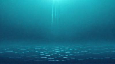 The primary subject of the image is a blue ocean with waves. The setting is underwater, with the ocean floor visible. The visual style is a digital art or illustration, creating a vibrant and dynamic scene. The dominant colors are blue and white, with the blue ocean and white waves creating a serene and calming atmosphere.