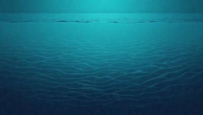 The primary subject of the image is the ocean, with a blue background and a clear blue sky. The setting is underwater, with the ocean floor visible. The visual style is a digital art or illustration, creating a vibrant and colorful scene. The dominant colors are blue and white, giving the image a serene and calming atmosphere.