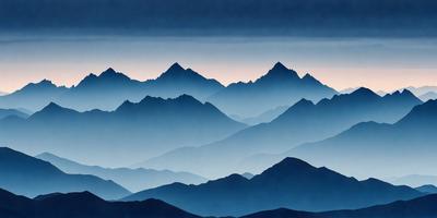 The primary subject of the image is a mountain range, with a sky background. The visual style appears to be a digital art or illustration, as the mountains are depicted in a blue and white color scheme. The overall atmosphere is serene and majestic, as the mountains stretch across the entire image.