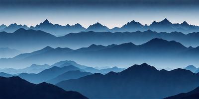 The primary subject of the image is a mountain range, with a series of mountains stretching across the scene. The setting is a vast, open landscape with a blue sky in the background. The visual style is a combination of a photo and digital art, creating a stunning and detailed representation of the mountain range. The colors and mood of the image are predominantly blue, giving the scene a serene and peaceful atmosphere.