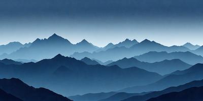 The primary subject of the image is a mountain range, with a sky background. The visual style is a digital art or illustration, showcasing the majestic beauty of the mountains. The colors and mood of the image are predominantly blue, creating a serene and peaceful atmosphere.