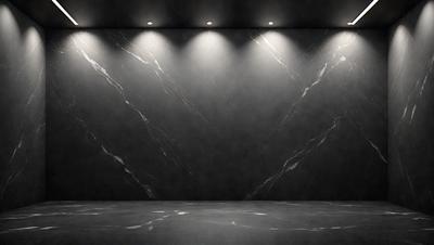 The primary subject of the image is a marble wall with a black background. The setting is a dark room, and the visual style is a photo. The dominant colors are black and white, creating a moody atmosphere.