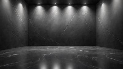 The primary subject of the image is a marble wall with a reflective surface. The setting is a room with a black background, which creates a dramatic contrast with the marble wall. The visual style is a black and white photo, giving the image a classic and timeless appearance. The colors and mood of the image are predominantly black and white, with a touch of elegance and sophistication.