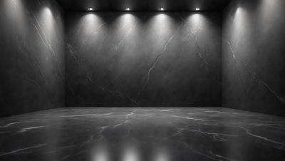 The primary subject of the image is a marble wall with a black background. The setting is a room with a large, empty space. The visual style is a black and white photo, giving the image a classic and timeless appearance. The colors and mood are predominantly black and white, creating a sense of elegance and sophistication.