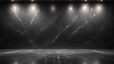 The primary subject of the image is a marble wall with a black background. The setting is a room with a large, empty space. The visual style is a photo, and the colors and mood are dark and moody.