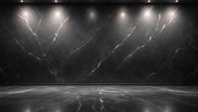 The primary subject of the image is a marble wall with a black background. The setting is a room with a large, dark marble wall that is the main focus of the image. The visual style is a photo, and the colors and mood are dark and moody, with the black marble wall contrasting against the dark background.
