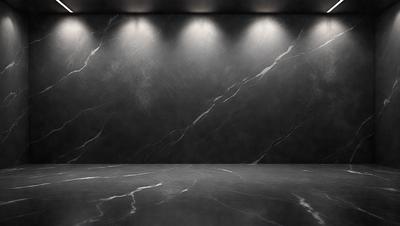 The primary subject of the image is a marble wall with a black background. The setting is a room with a large, empty space. The visual style is a photo, and the colors and mood are dark and moody.