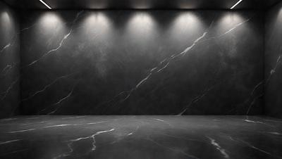 The primary subject of the image is a marble wall with a black background. The setting is a room with a large, empty space. The visual style is a photo, and the colors and mood are dark and moody.