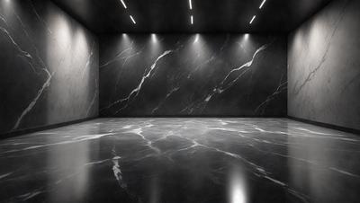 The primary subject of the image is a large, dark room with a black marble wall. The setting is a room with a black marble wall, and the visual style is a photo. The room has a dark and moody atmosphere, with the black marble wall as the main focal point.