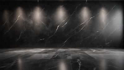 The primary subject of the image is a marble wall with a black background. The setting is a room with a large, empty space. The visual style is a photo, and the colors and mood are dark and moody.