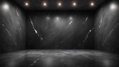 The primary subject of the image is a black marble wall with a patterned design. The setting is a black room with a large black marble wall as the main focus. The visual style is a photo, and the colors and mood are dark and dramatic.