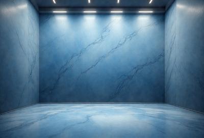 The primary subject of the image is a large, blue marble wall. The setting is a room with a blue marble floor, and the visual style is a photo. The dominant colors are blue and white, creating a calm and serene atmosphere.