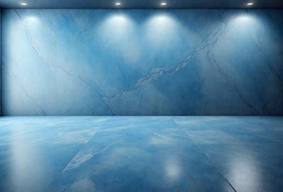 The primary subject of the image is a blue marble wall. The setting is a room with a blue floor, and the visual style is a photo. The dominant colors are blue and white, creating a calm and serene atmosphere.