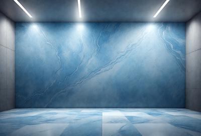 The primary subject of the image is a blue marble wall with a patterned design. The setting is a room with a blue checkered floor. The visual style is a photo, and the dominant colors are blue and white. The overall atmosphere is modern and stylish.