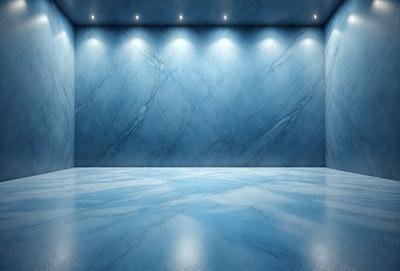 The primary subject of the image is a large, empty room with a blue marble wall. The setting is a room with a blue marble wall, and the visual style is a photo. The room appears to be a large, empty space with a blue marble wall, giving it a clean and modern look.