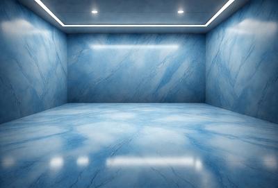 The primary subject of the image is a large, empty room with a blue marble floor. The setting is a modern, well-lit space, possibly a lobby or a large room with a blue marble wall. The visual style is a photo, capturing the room's unique design and atmosphere. The colors and mood of the room are predominantly blue, creating a calm and sophisticated ambiance.