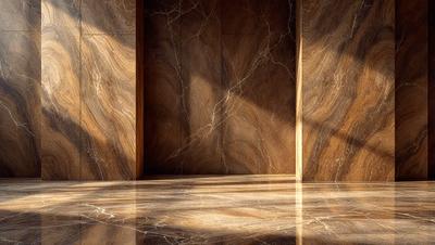 The primary subject of the image is a marble wall with a brown and tan color scheme. The setting is a room with a wooden door, and the visual style is a photo. The colors and mood of the image are warm and inviting, with the marble wall and wooden door creating a sense of luxury and elegance.