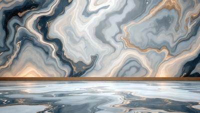 The primary subject of the image is a large, intricate marble tile wall. The setting is a room with a wooden floor, and the visual style is a photo. The colors and mood of the image are predominantly blue and gray, creating a calm and sophisticated atmosphere.