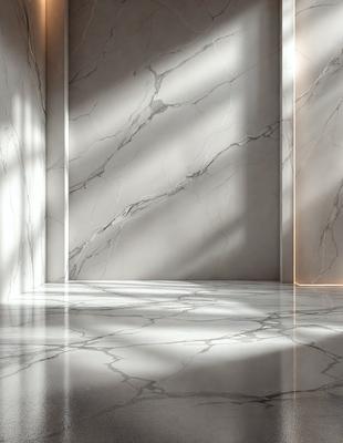 The primary subject of the image is a marble floor with a white color scheme. The setting is a room with a white wall, and the visual style is a photo. The colors and mood of the image are predominantly white, giving it a clean and elegant appearance.