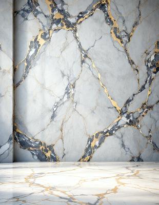 The primary subject of the image is a marble wall with a gold and white pattern. The setting is a room with a marble floor. The visual style is a photo of the marble wall. The dominant colors are gold, white, and gray, creating a luxurious and elegant atmosphere.